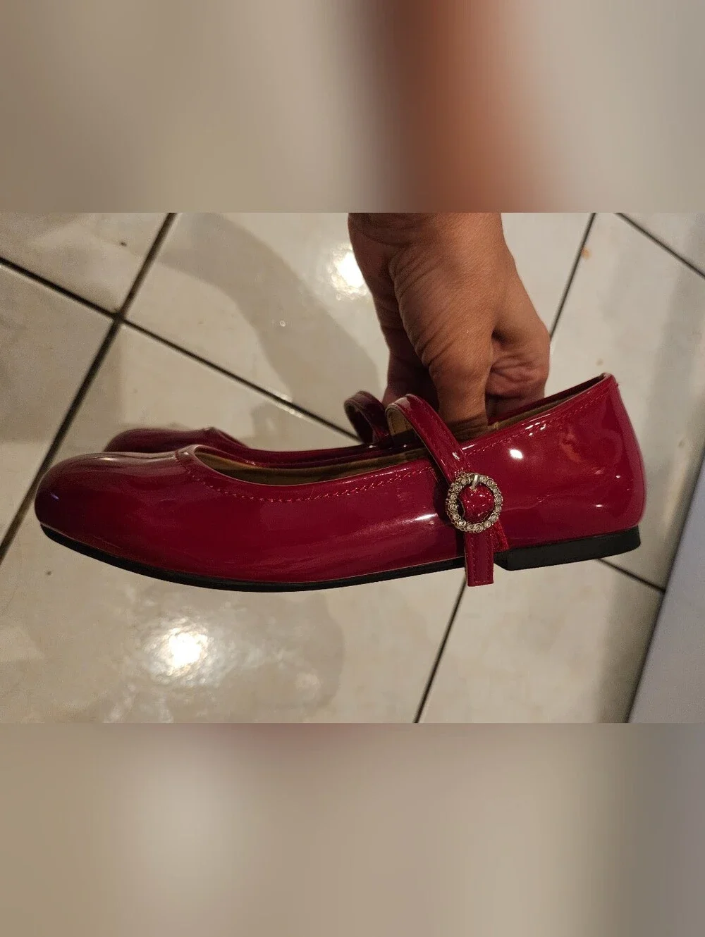 Girls Red Patent Mary Jane Flats with Rhinestone Buckle MIA Sz.3